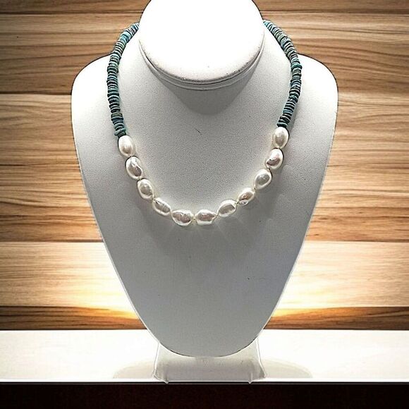 Turquoise Baroque Pearl Necklace Sterling Silver Toggle WW Kingman Western - Picture 14 of 16